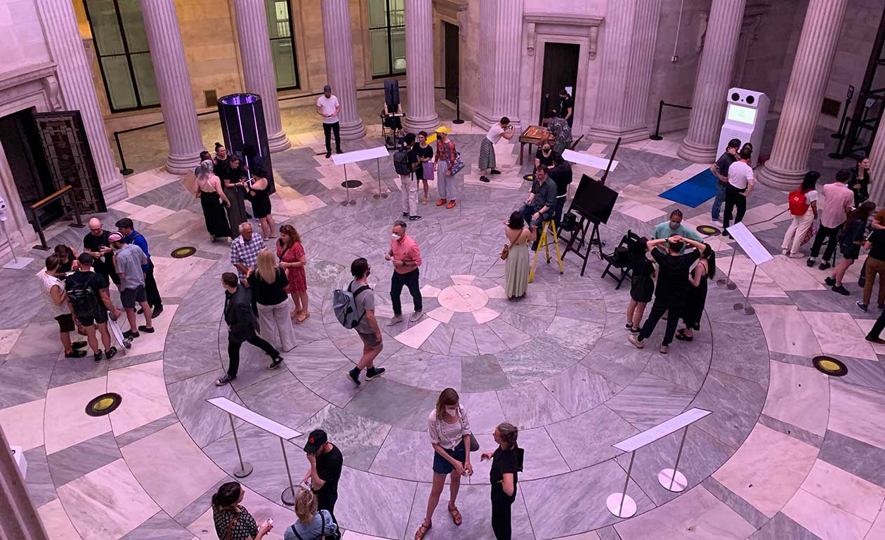 Photo from above of exhibition at Federal Hall